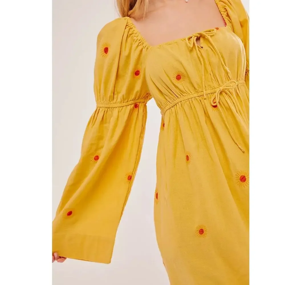 NWT Free People Emory Embroidered Midi Dress $168 SMALL Yellow